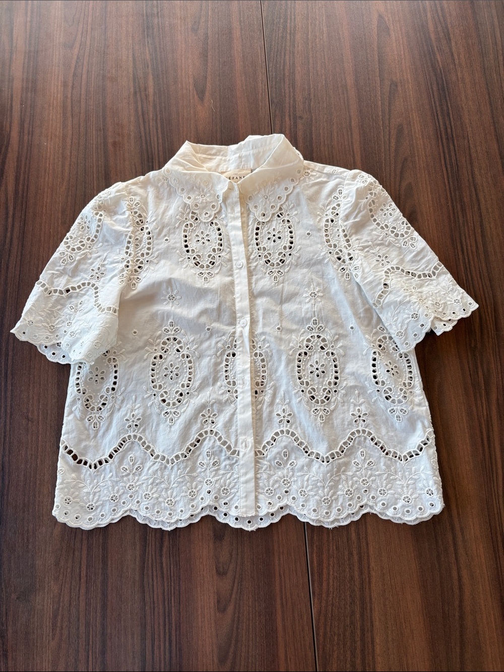 Sezane White Eyelet Cotton Short Sleeve Blouse